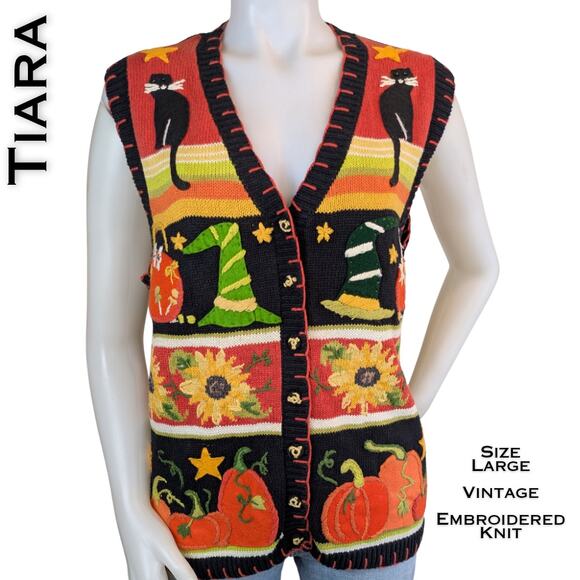Tiara International Sweaters - Tiara Vintage Halloween Sweater Vest Large Black Orange Green Pumpkins Cats